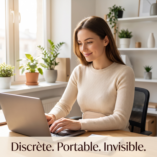 Femme au bureau portant la ceinture Cyloa — discrète, portable, invisible sous les vêtements